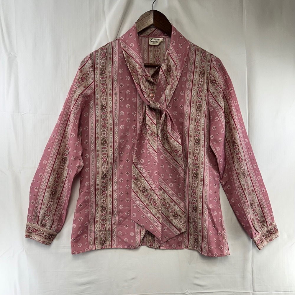 Country Suburbans Blouse Womens 12 Pink Paisley Tie Neck Vintage Long Sleeve